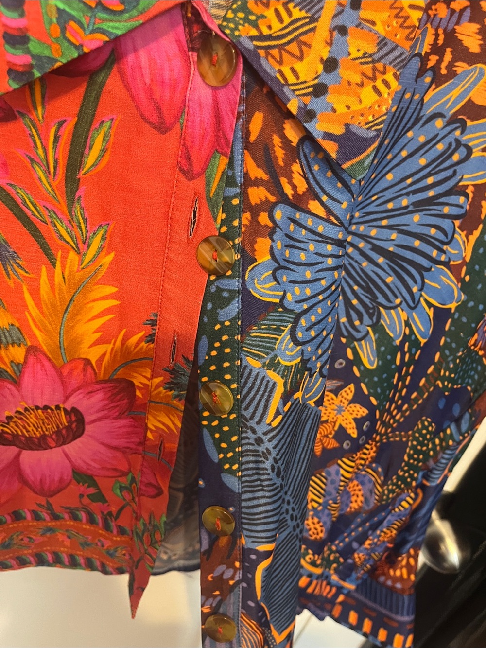 FARM Rio Vibrant Floral Colorblock Button-Down Shirt - Pink, Blue & Orange - Picture 3 of 4